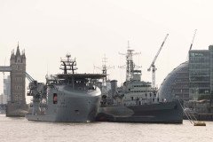 RFA Proteus alongside HMS Belfast in London, on Monday 9th October 2023, ahead of her Service of Dedication on Tuesday 10th October 2023.